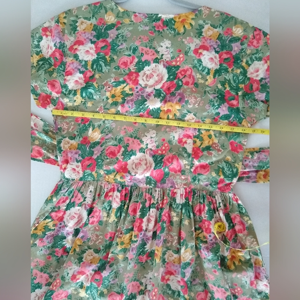 Vintage 90's Erika Cotton Green Multicolor Floral Cottage Midi Dress Sz Lg - Picture 2 of 9